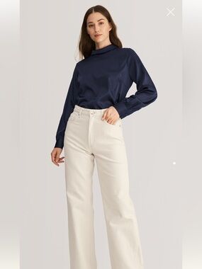 Lily Silk NEW navy blue silk high neck blouse office work business fall XS